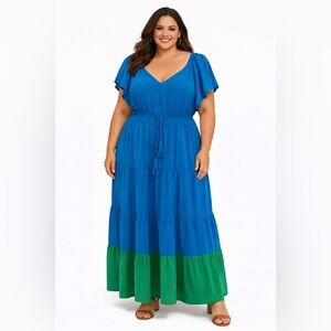City Chic Blue & Green Colorblock Tiered Maxi Flutter Sleeve Boho Summer Dress